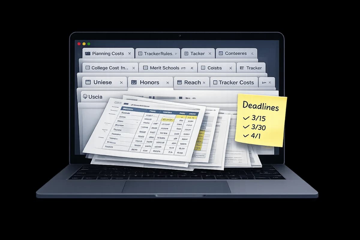 Laptop crowded with college policy tabs, spreadsheets, and deadline notes