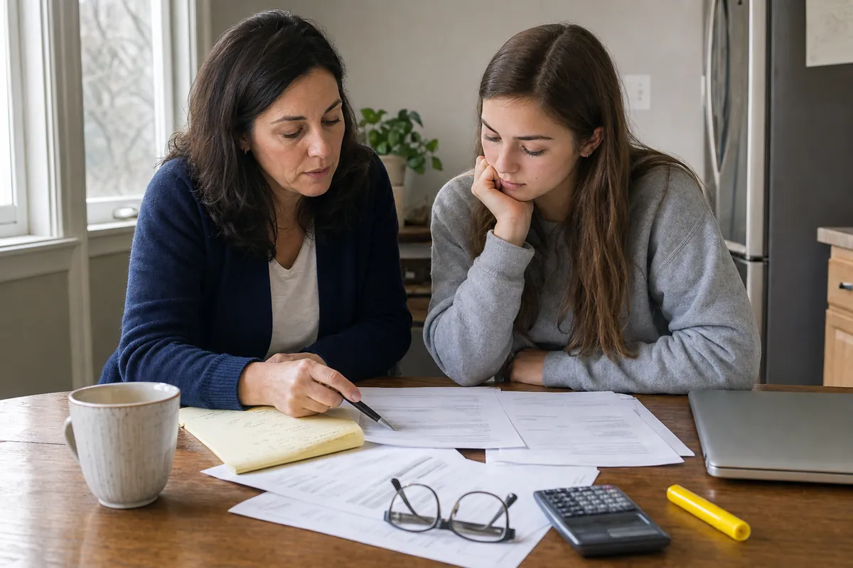 Illustrative scene of a mother and daughter reading printed aid letters together at a kitchen table