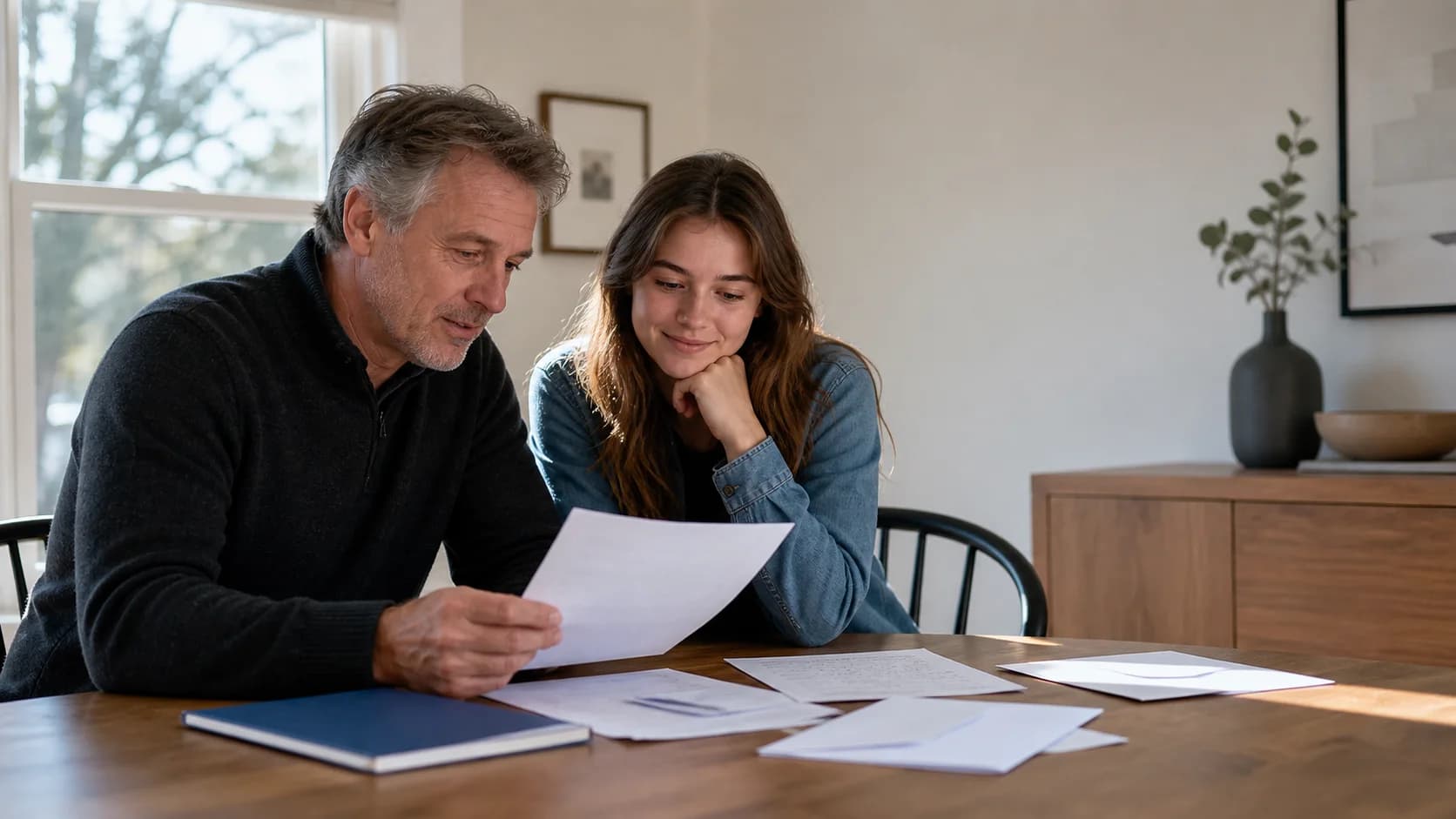 A parent and student reviewing college information together
