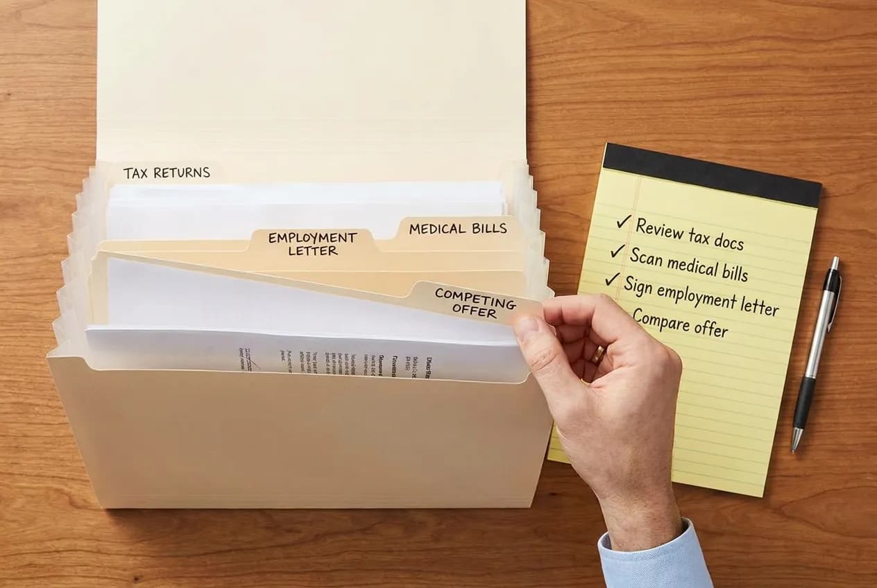 Organized accordion folder with tabs for tax returns, medical bills, employment letters, and supporting evidence for a need-based aid appeal