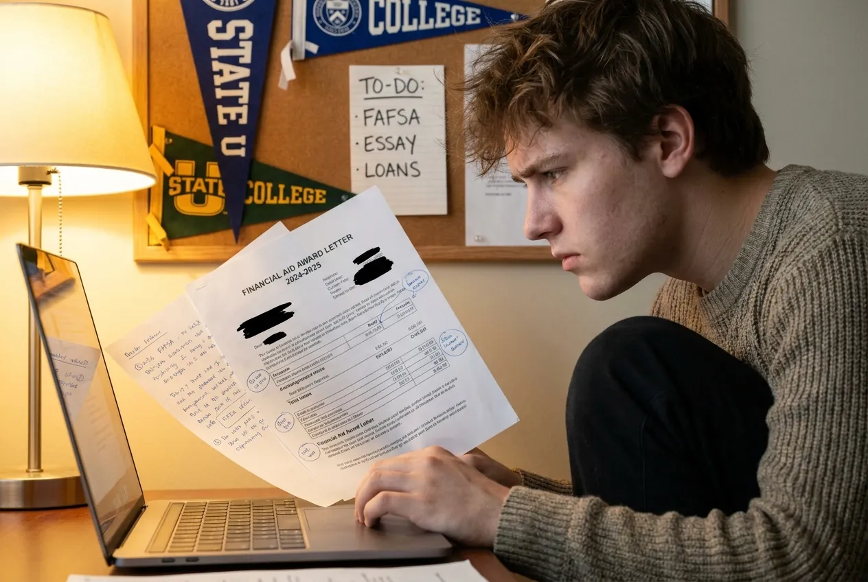 Student typing an appeal letter on a laptop with a printed financial aid award letter beside them, annotated with handwritten notes