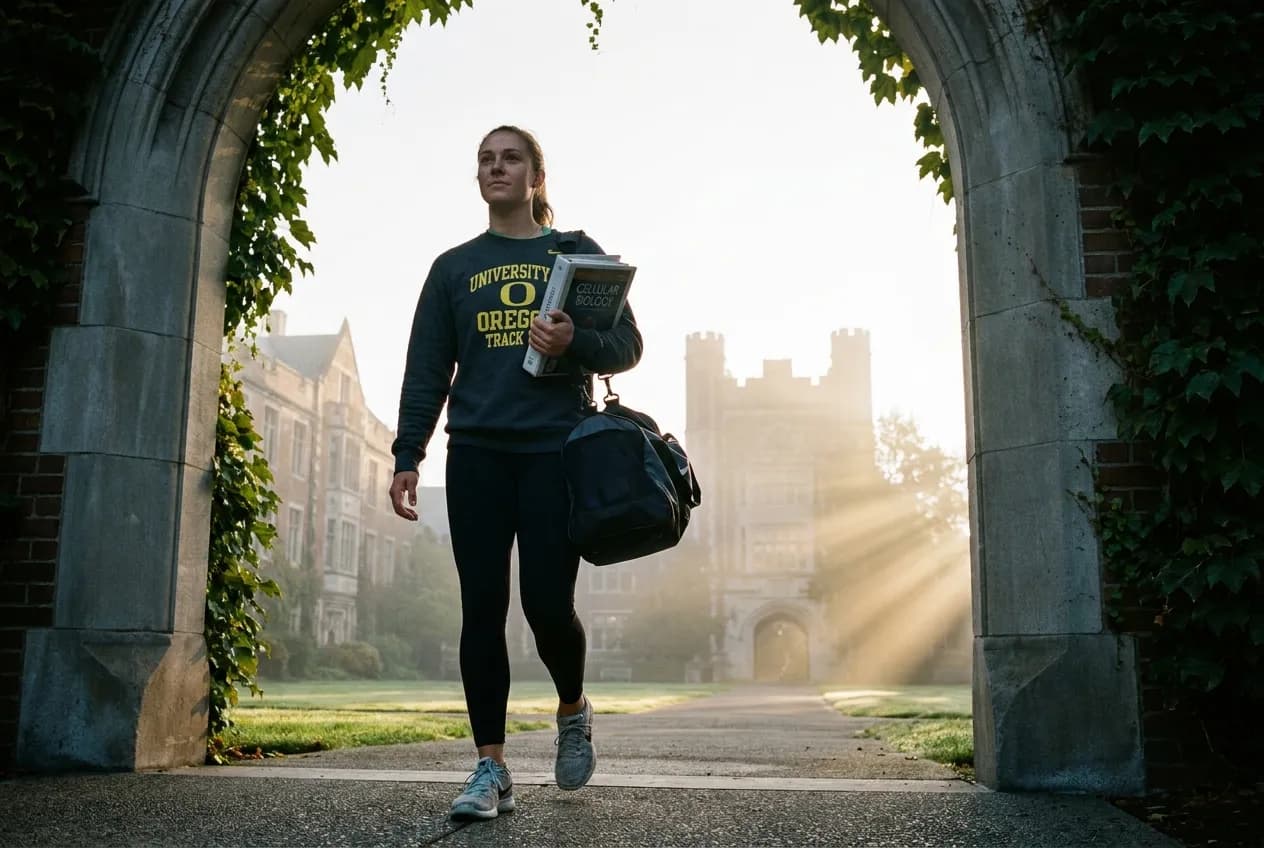 College student-athlete in team gear walking through a campus archway with a binder tucked under their arm