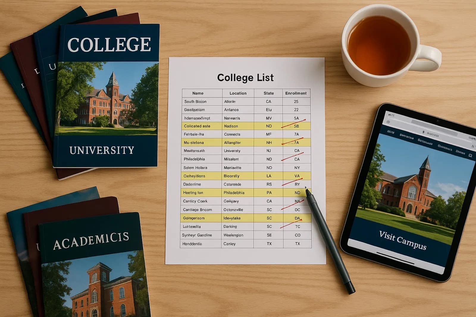Overhead flat-lay of a student's workspace with a highlighted spreadsheet of colleges, a stack of view-books, and an iPad showing a school website