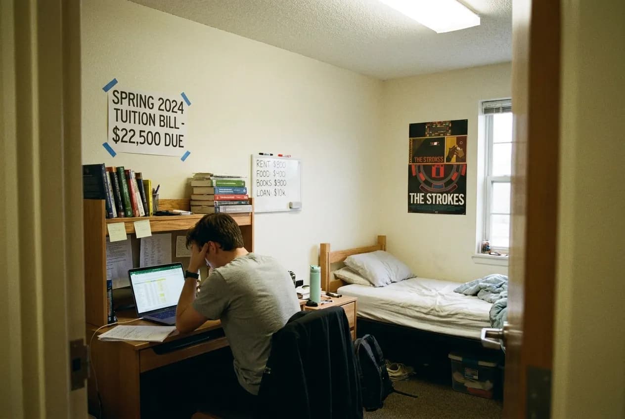 Student at a dorm room desk with a spreadsheet, tuition bill, and handwritten budget on a whiteboard