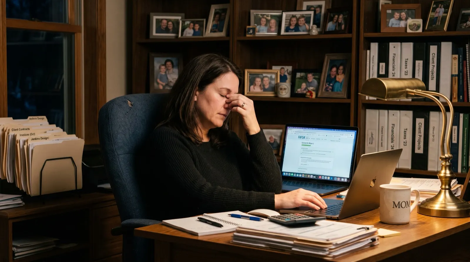Business-owner parent working in a home office with financial aid paperwork on the desk