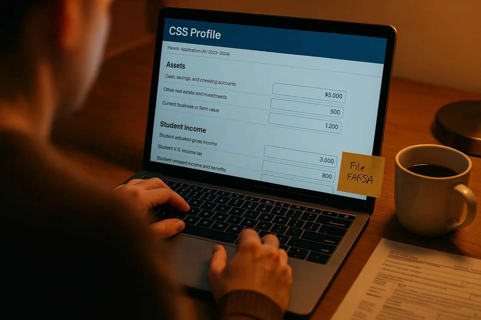 Close-up of a parent's hands navigating the CSS Profile application on a laptop with a yellow sticky note reminder attached