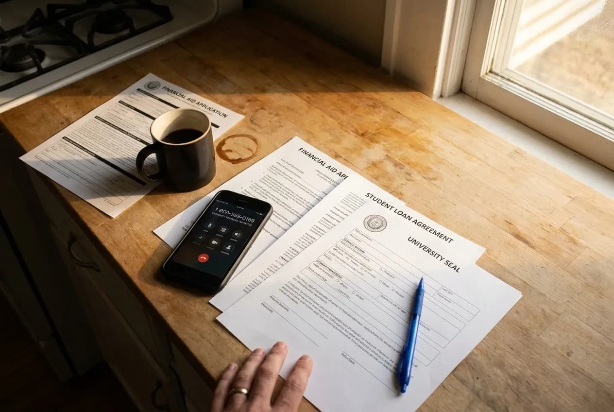 Official CSS Profile waiver documents and a pen spread across a kitchen counter