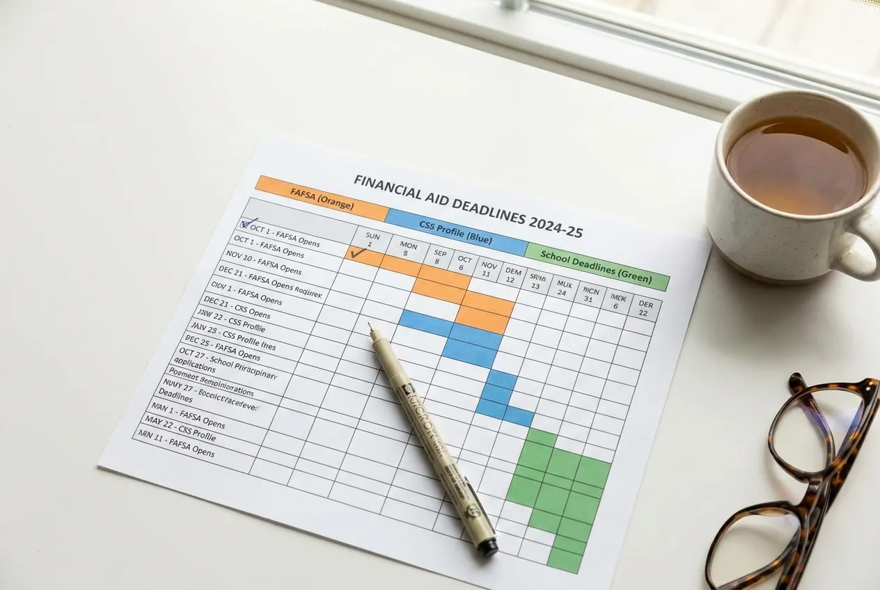 Printed multi-year timeline on a desk with color-coded highlights marking scholarship renewal deadlines