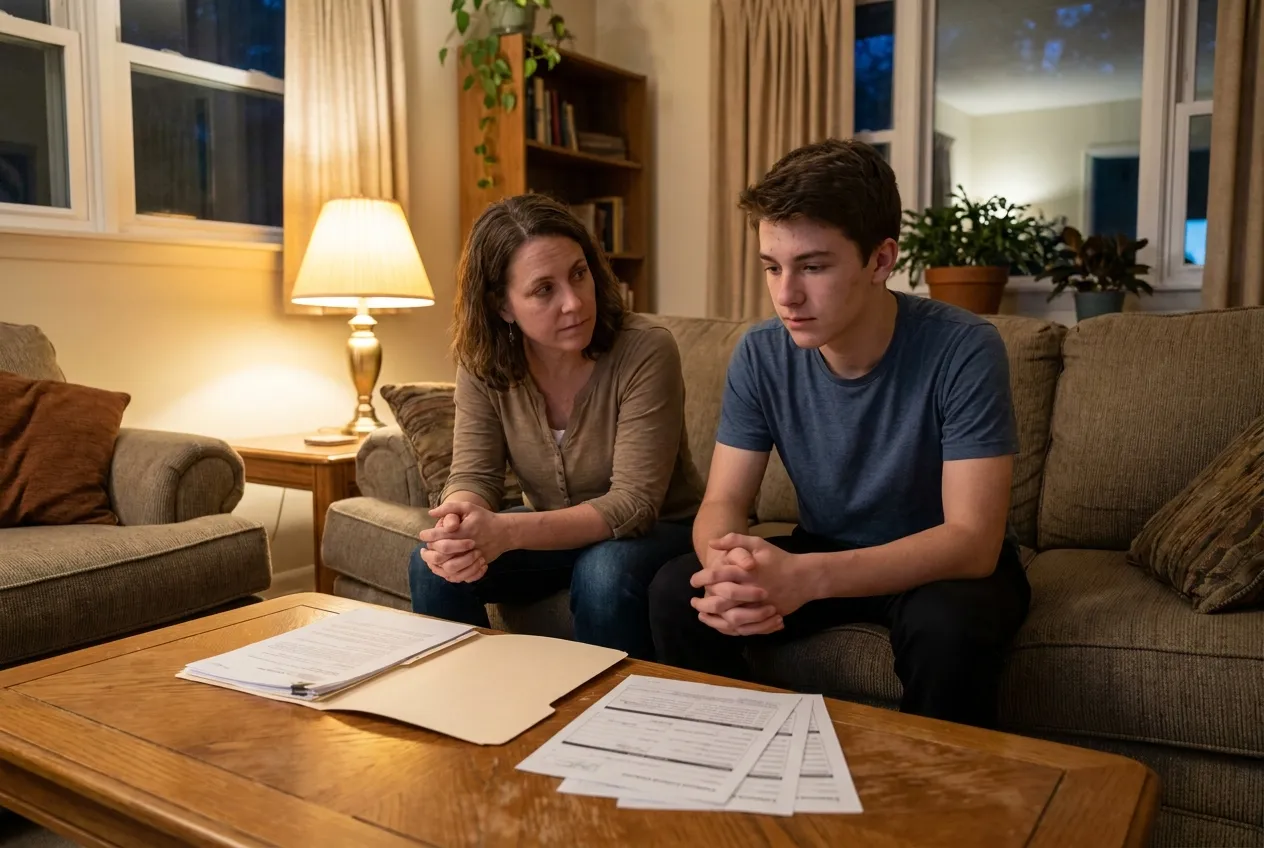 Parent and teenager having a supportive conversation on a couch with financial aid forms on the coffee table