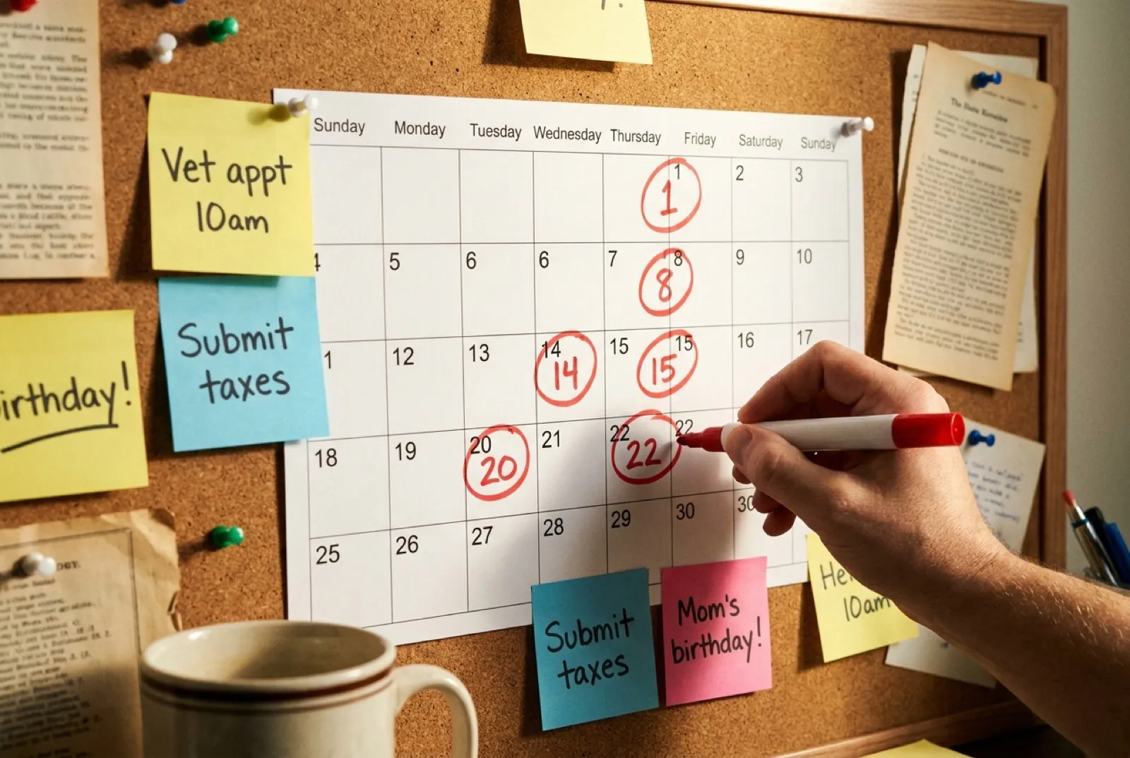 Wall calendar with FAFSA priority deadlines circled in red marker and sticky-note reminders attached