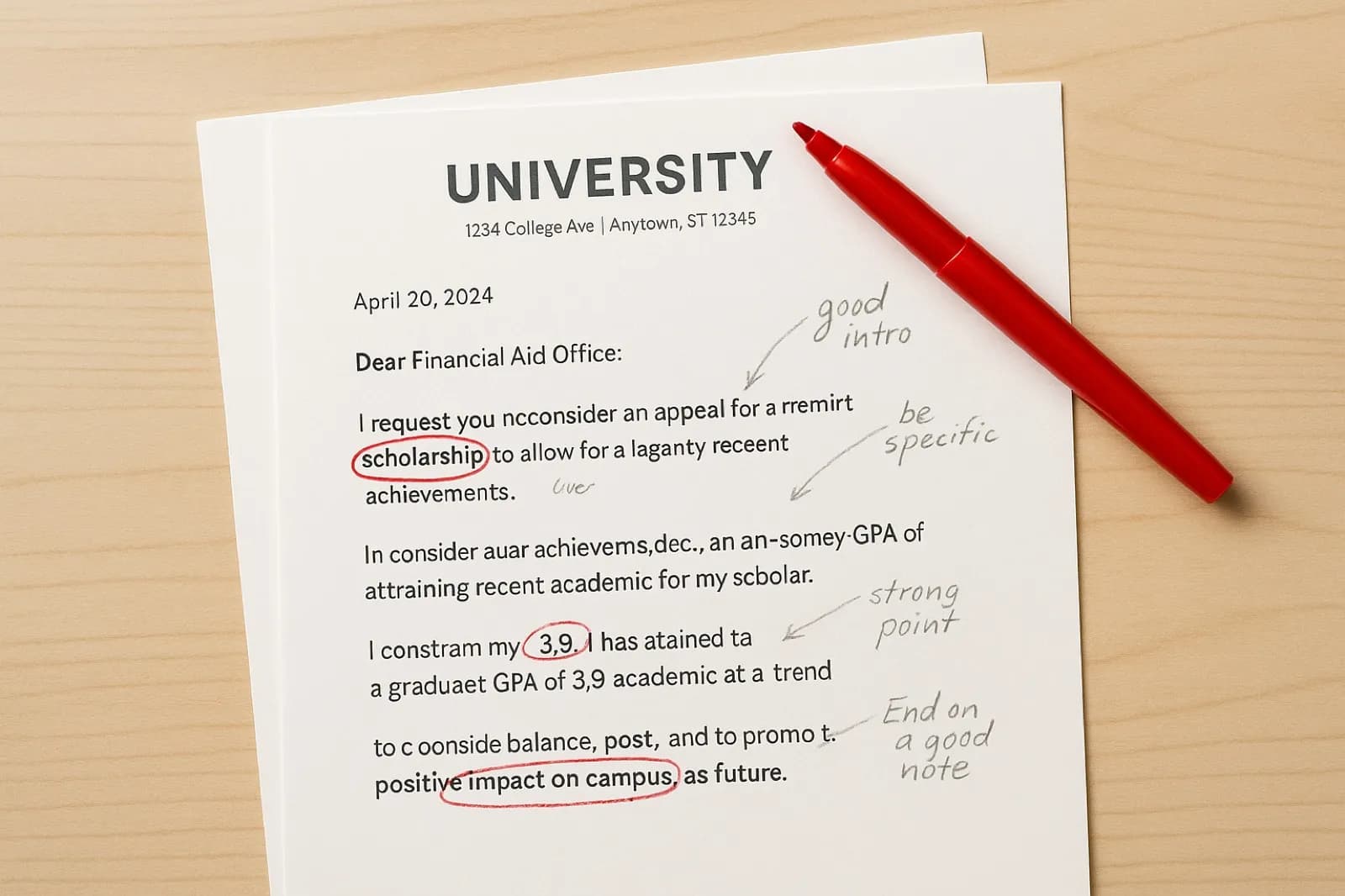 Printed merit appeal letter on a desk with key phrases circled in red pen and margin notes in pencil, marked up as a teaching example