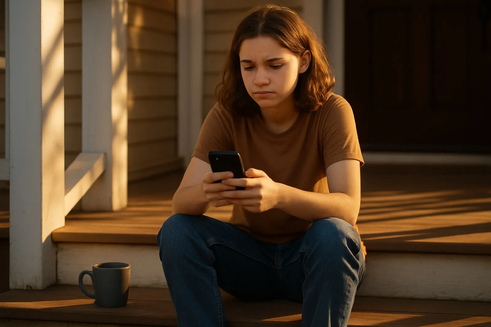 Teenage student sitting on a wooden porch step reading an email with a calm but disappointed expression, a coffee mug beside them