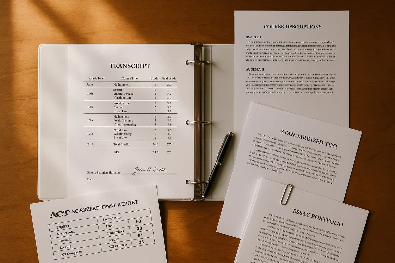 Overhead view of a homeschool student's college application portfolio including a typed multi-year transcript, course descriptions, and graded essays