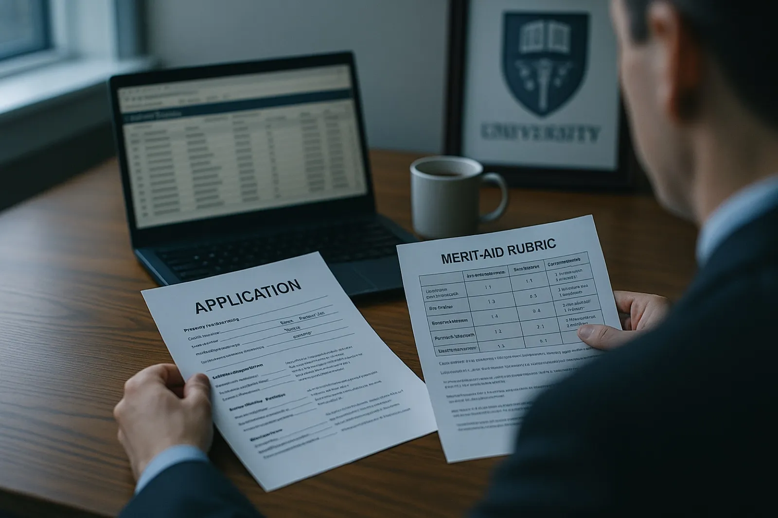 Over-the-shoulder view of a university scholarship committee member at a desk reviewing an application file alongside a merit-aid rubric sheet