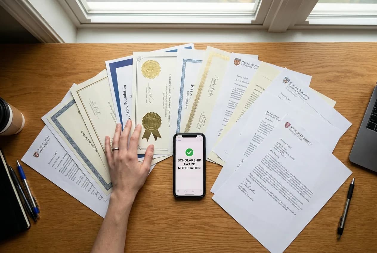 Merit scholarship award certificates arranged on a desk for comparing college offers