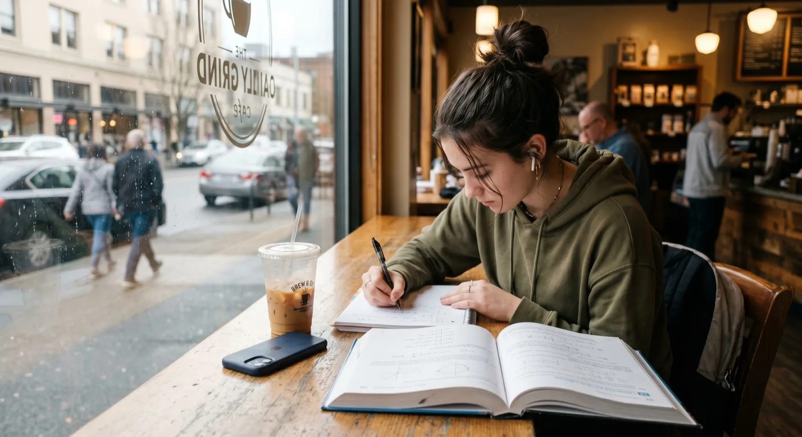High school student studying with a calculus textbook at a coffee shop window seat