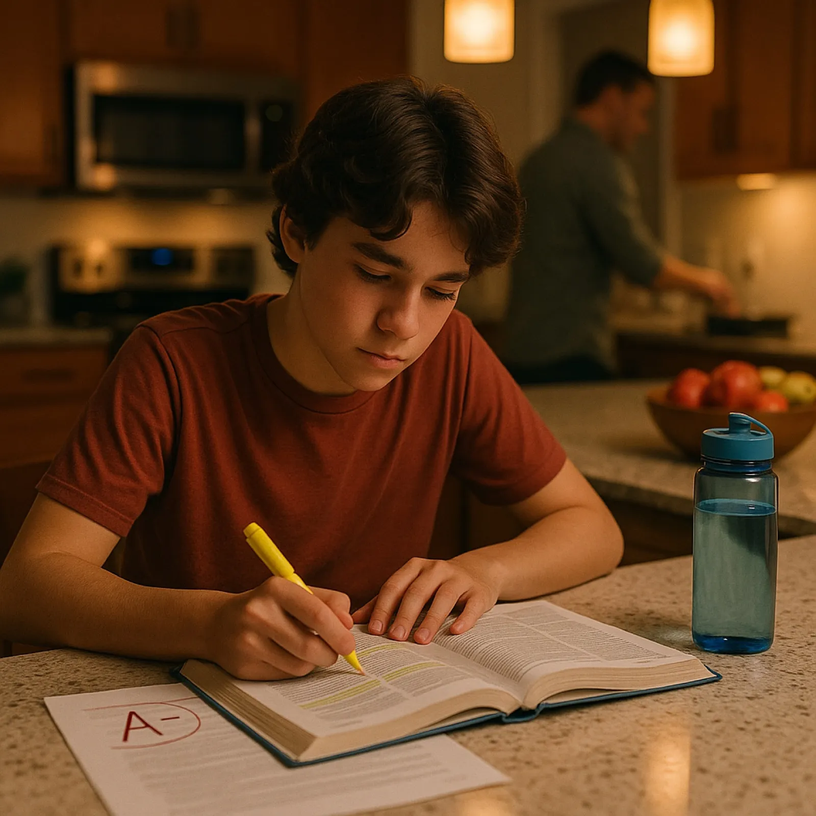 High school student highlighting notes in a textbook at a kitchen island in the early evening, parent preparing dinner in the background