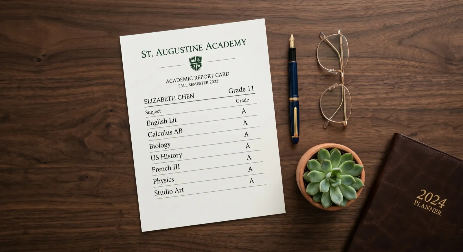 Overhead flat-lay of a report card showing straight A grades, fountain pen, and leather planner on a walnut desk