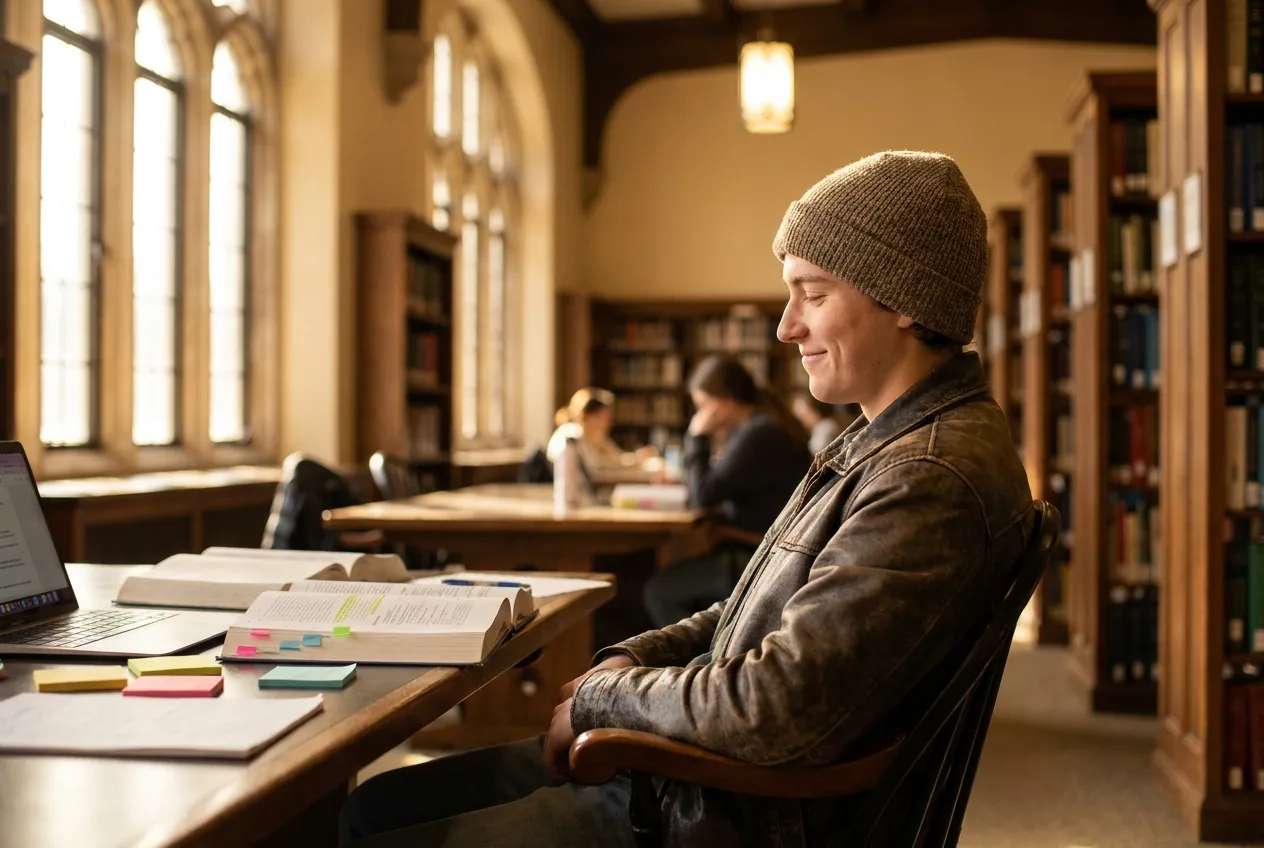 Student studying in a sunlit university library, focused on test prep and college research