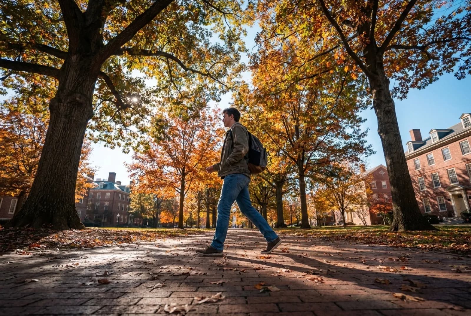 Confident student walking down a tree-lined college campus path on a crisp fall morning