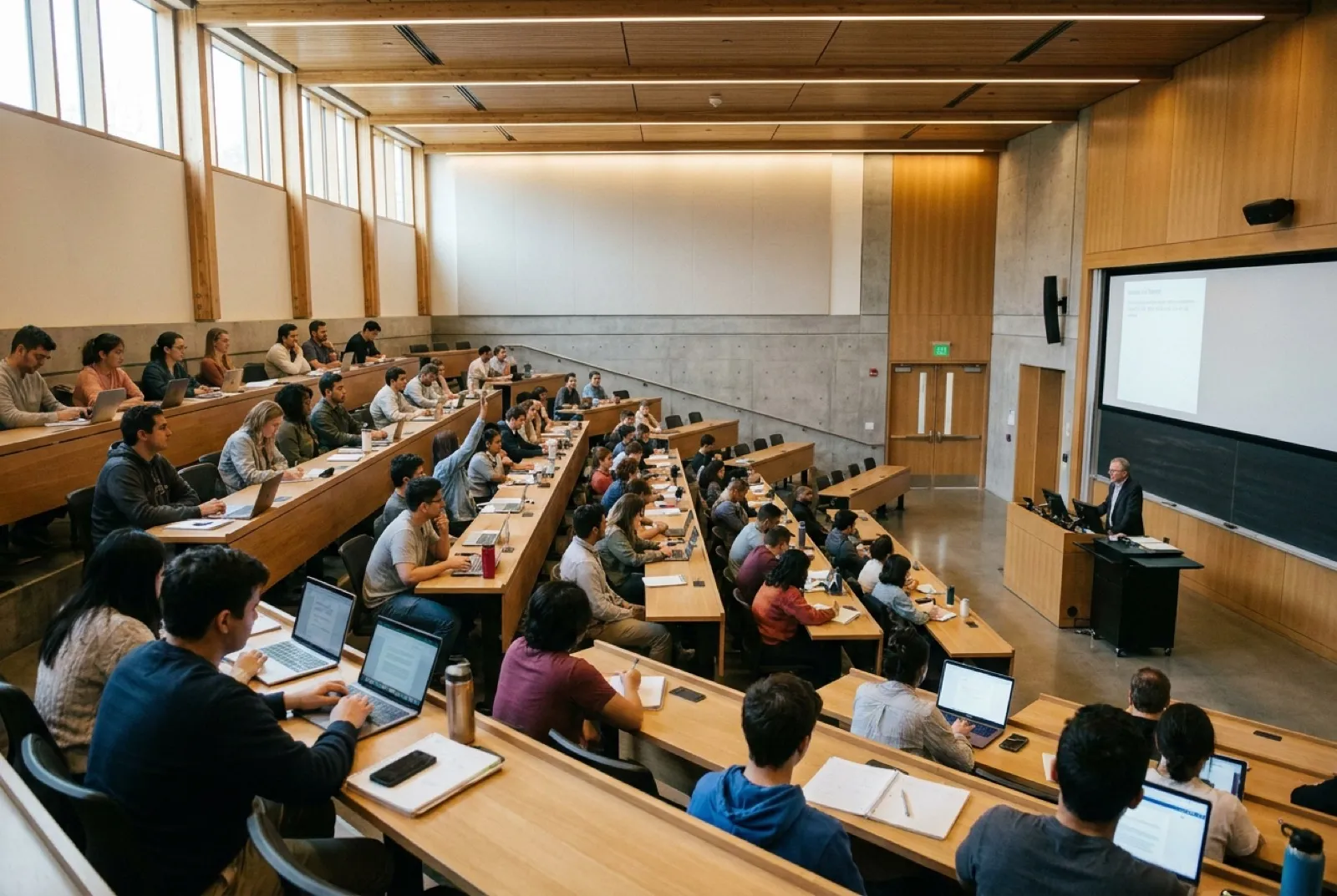 Diverse group of students in a sunlit university lecture hall taking notes