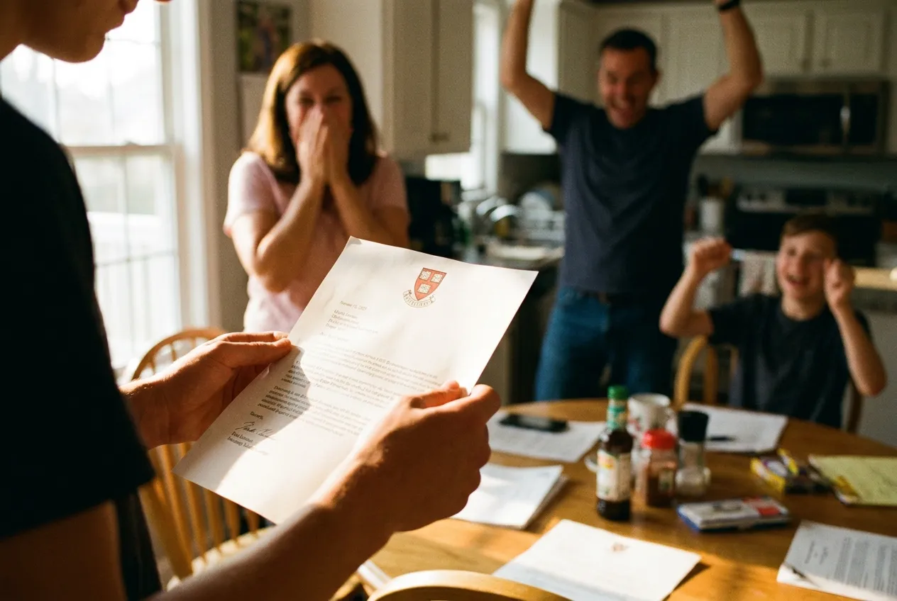 Close-up of a student holding an opened college acceptance letter at a kitchen table