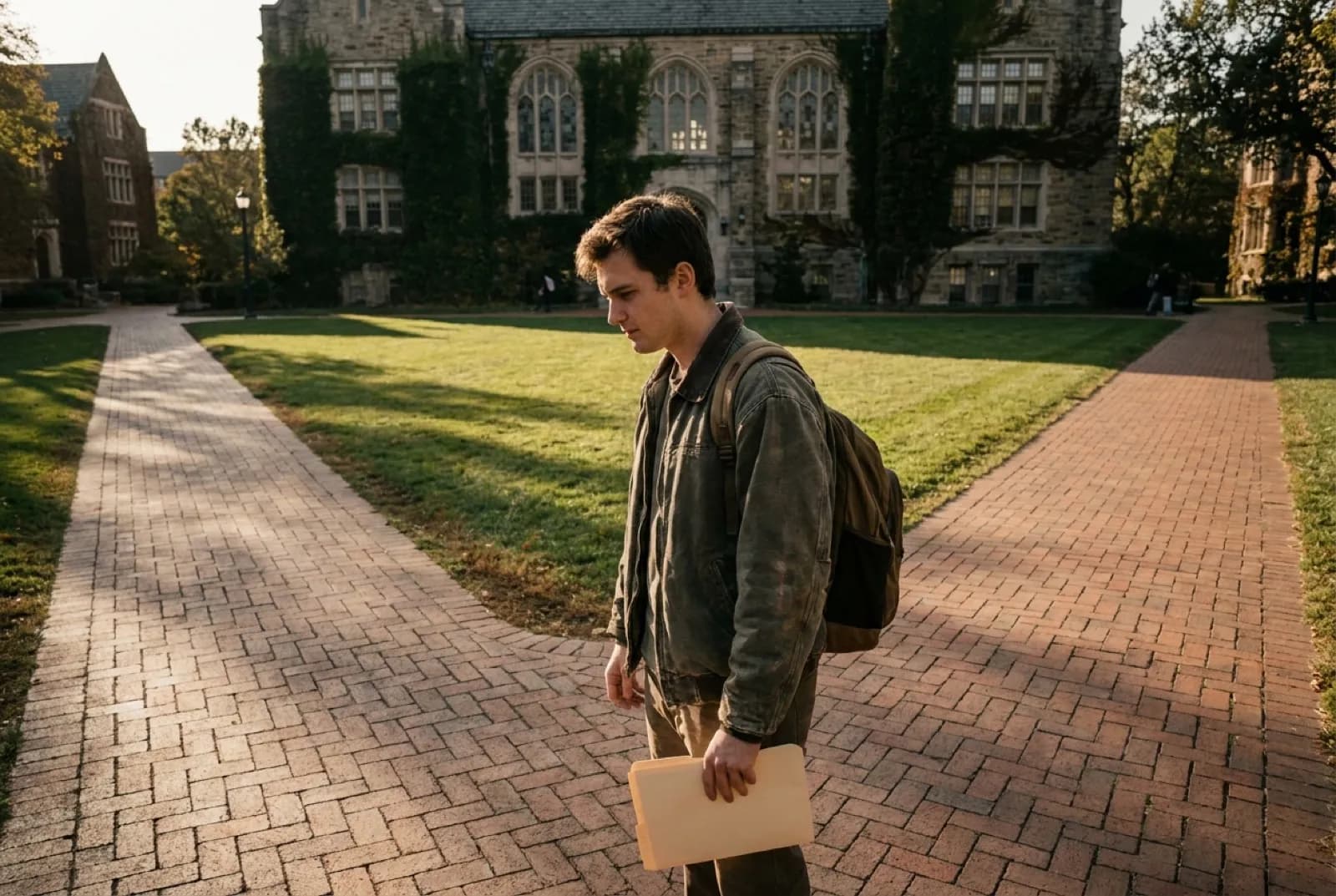 Student standing at a crossroads on a manicured college campus with ivy-covered buildings