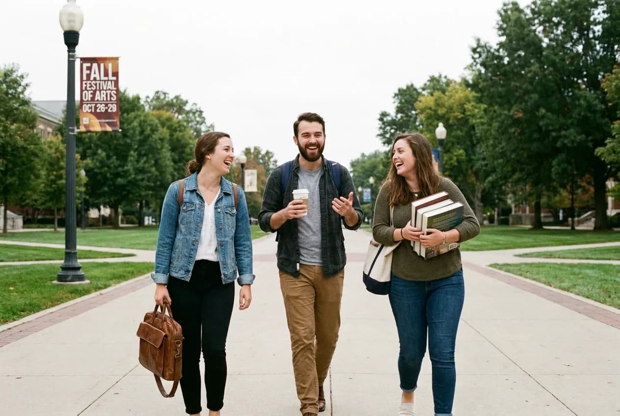 Three college students walking together down a campus boulevard, laughing mid-conversation