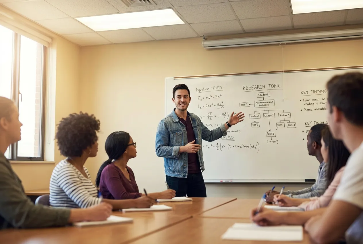 Student giving a presentation at a whiteboard in a university seminar room