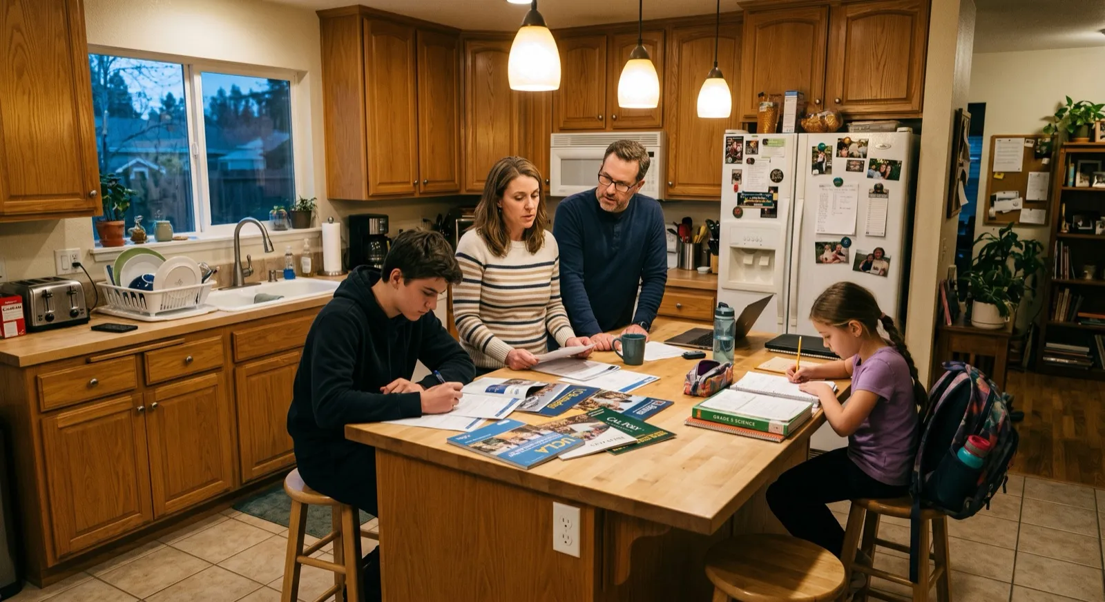 Middle-class family at a kitchen island reviewing college brochures and financial planning documents