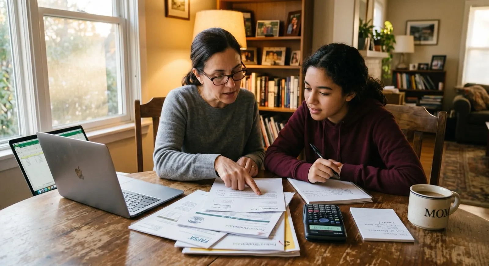 Parent and teenage student reviewing financial aid award letters together at a dining table