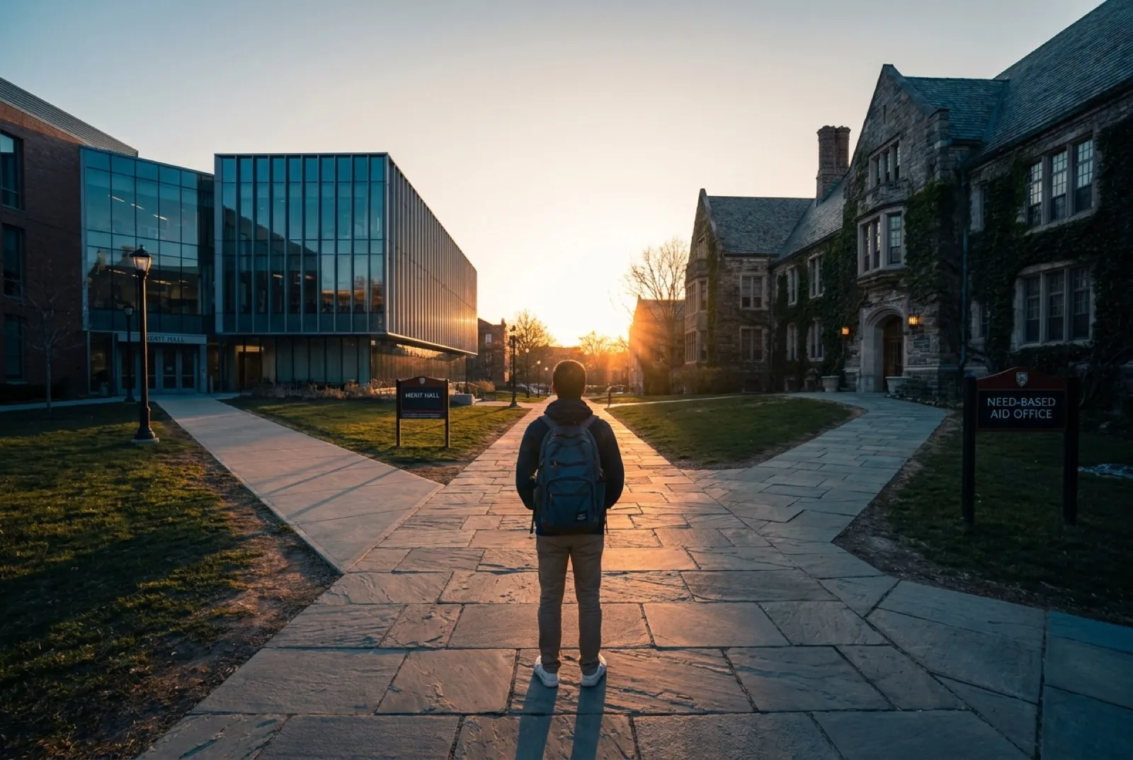 A campus walkway splitting into two paths, one toward a modern glass building and one toward a stone academic hall, with a student at the fork
