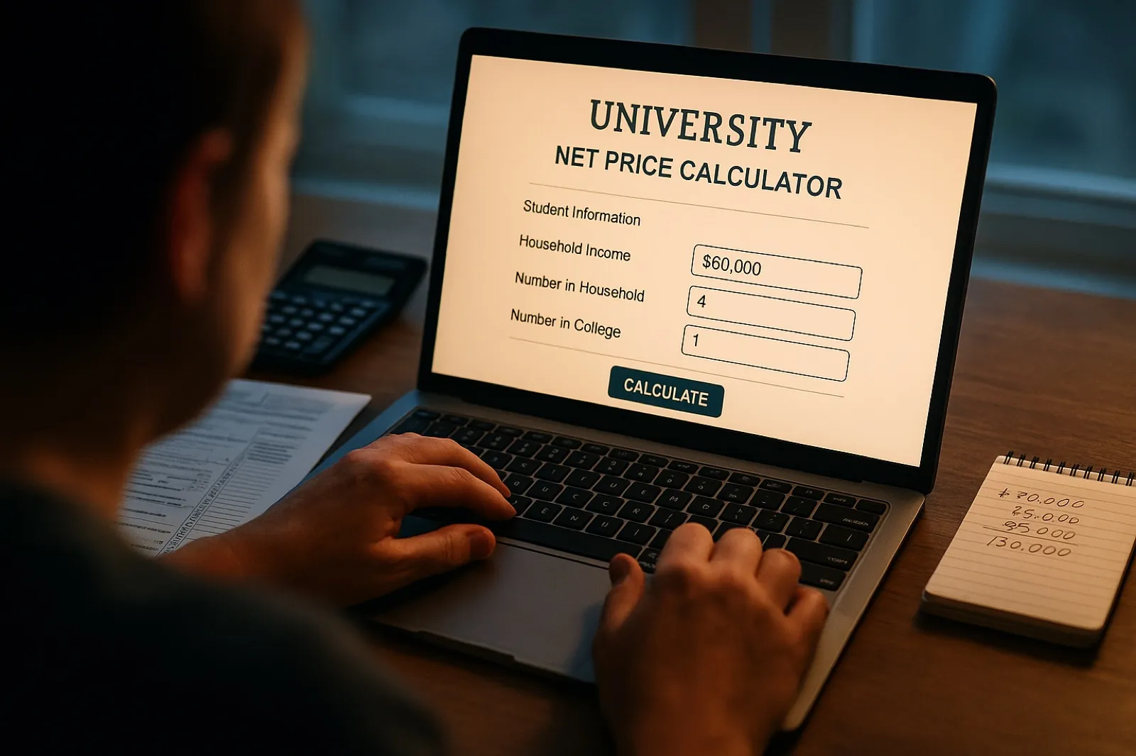Over-the-shoulder close-up of a laptop screen showing a university net price calculator with income and asset fields partially filled in