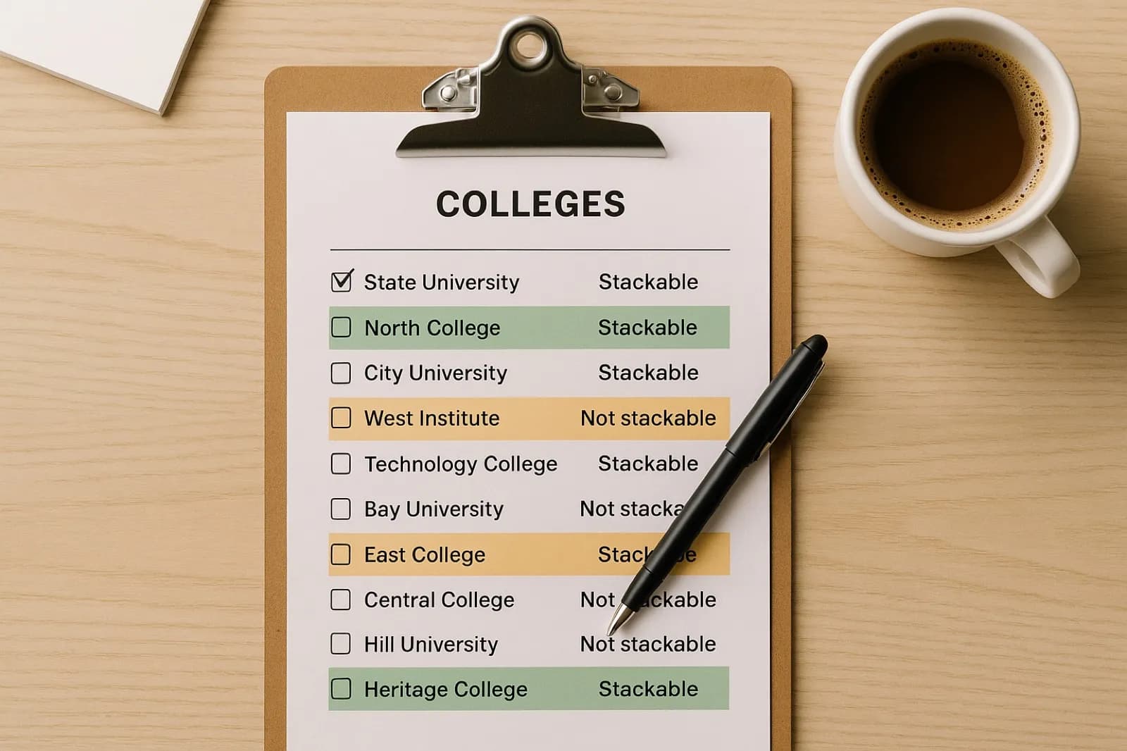 Clipboard holding a typed list of colleges with stacking policies, green highlights marking grant-first schools and amber marking loan-first