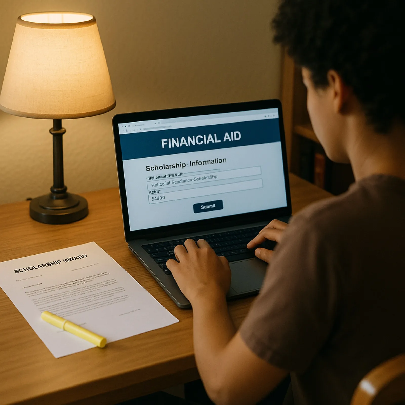 Student at a desk entering outside scholarship details into a university financial aid portal, with a printed award letter from a community foundation beside them