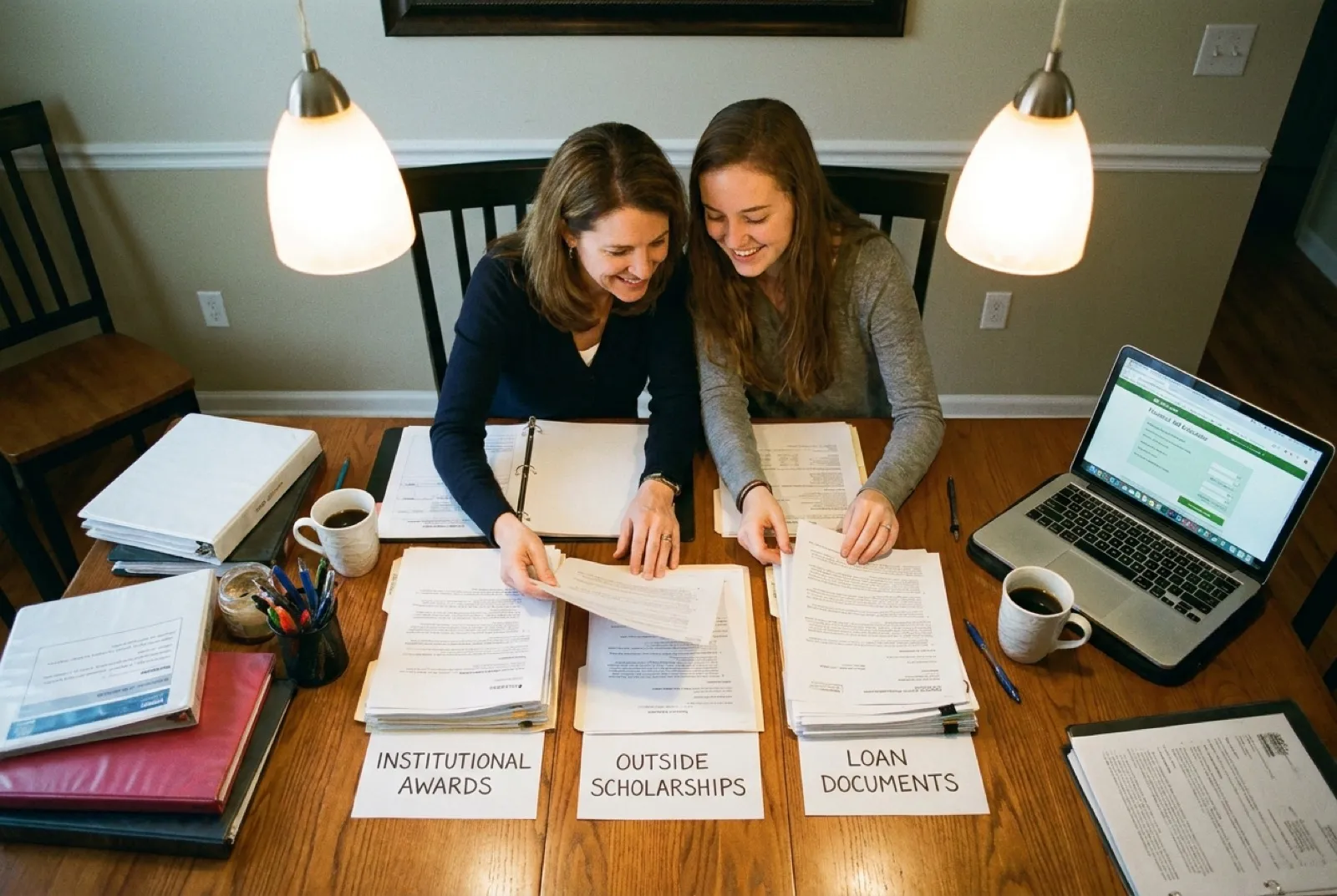 Parent and student organizing institutional and outside scholarship paperwork into labeled piles at a dining table