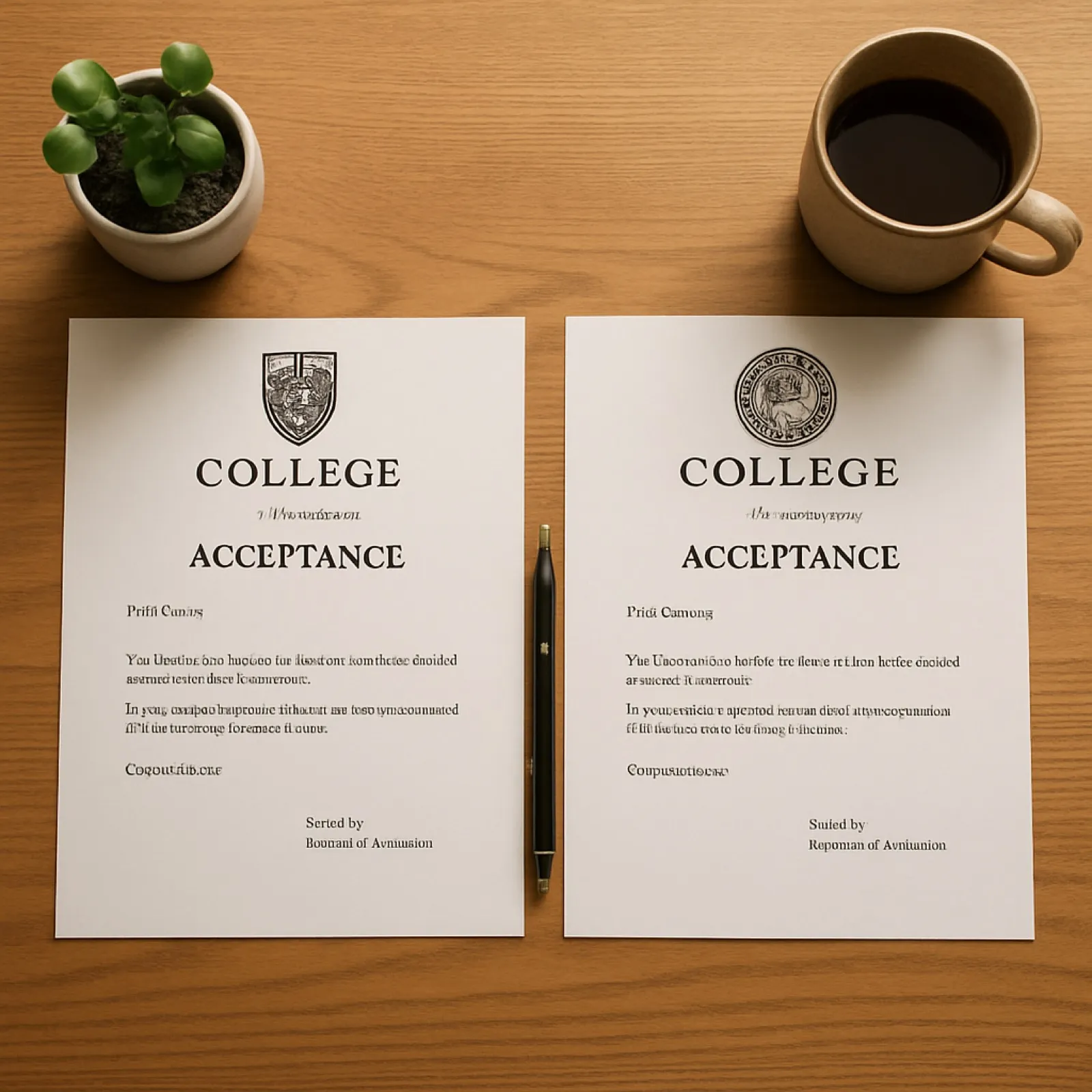 Two college acceptance packets placed side by side on a kitchen table, one with an ivy-covered private university crest and one with a state university seal