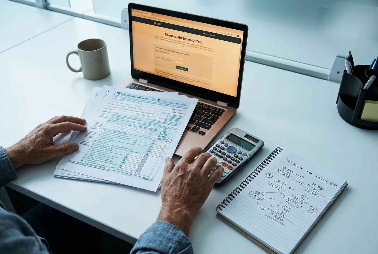 Hands working a financial calculator beside a printed tax return and SAI estimator on a laptop screen