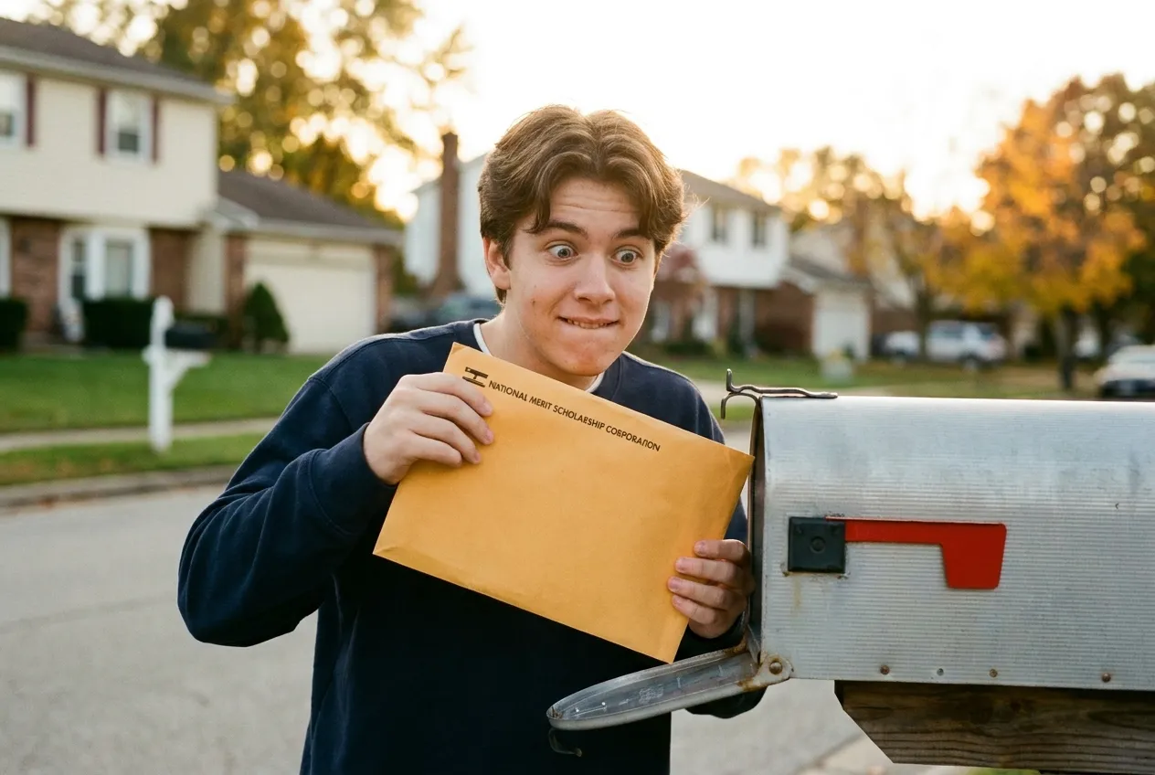 Student pulling a scholarship envelope from an open mailbox on a suburban street at golden hour