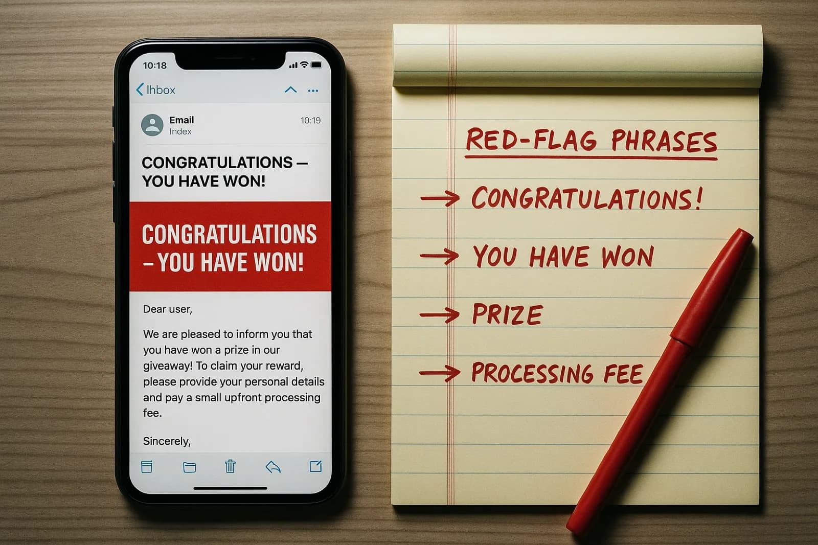 Phone on a desk showing a suspicious scholarship email, with a handwritten legal pad next to it listing red-flag phrases marked with arrows