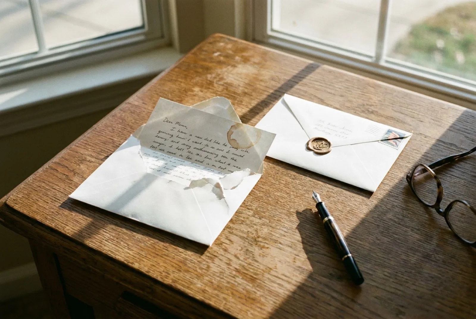 Two sealed envelopes on a home desk, one already opened with a letter partially pulled out, and a second freshly sealed appeal ready to send