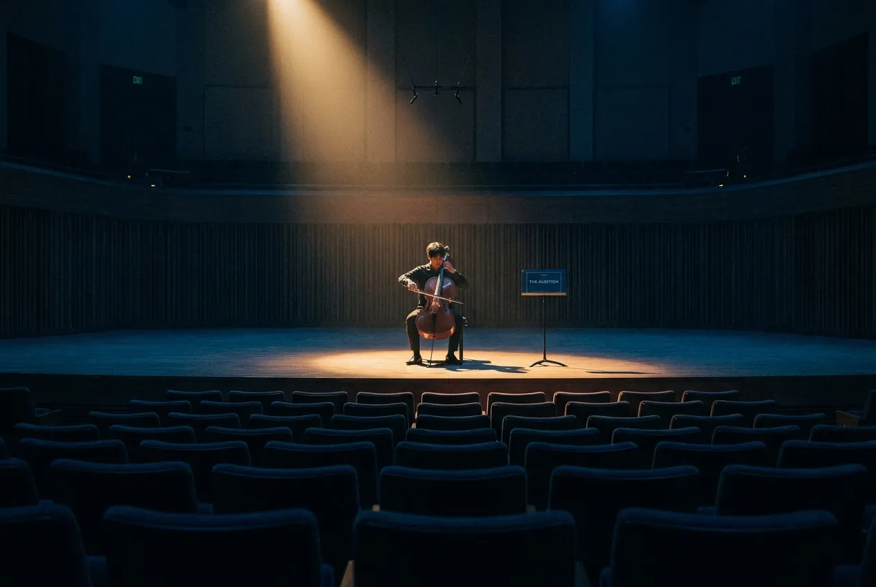Student performing on a spotlit university auditorium stage during a departmental scholarship audition, rows of empty seats in the foreground