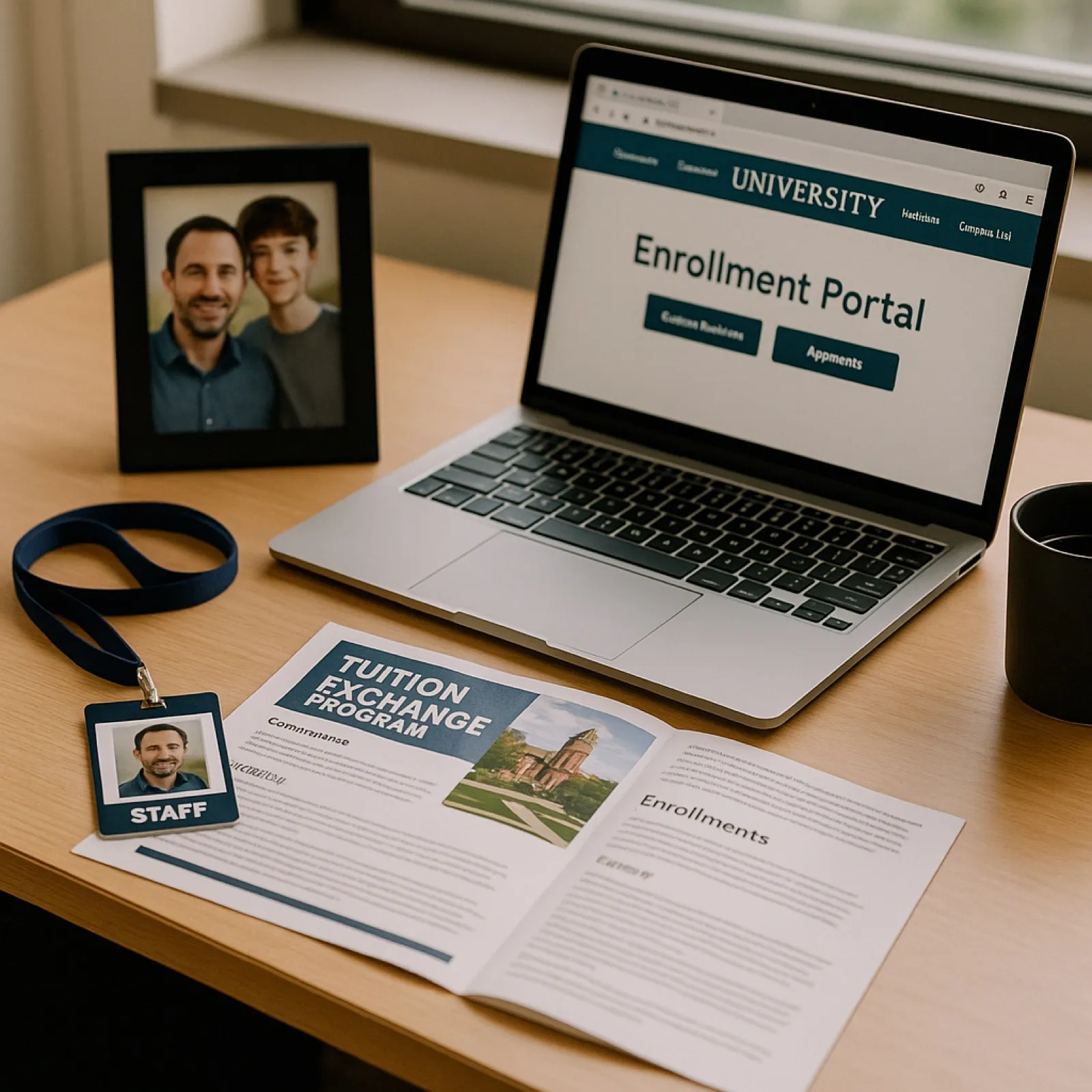 University employee's desk with a staff ID lanyard, a framed family photo, an open tuition exchange brochure, and a laptop showing an enrollment portal