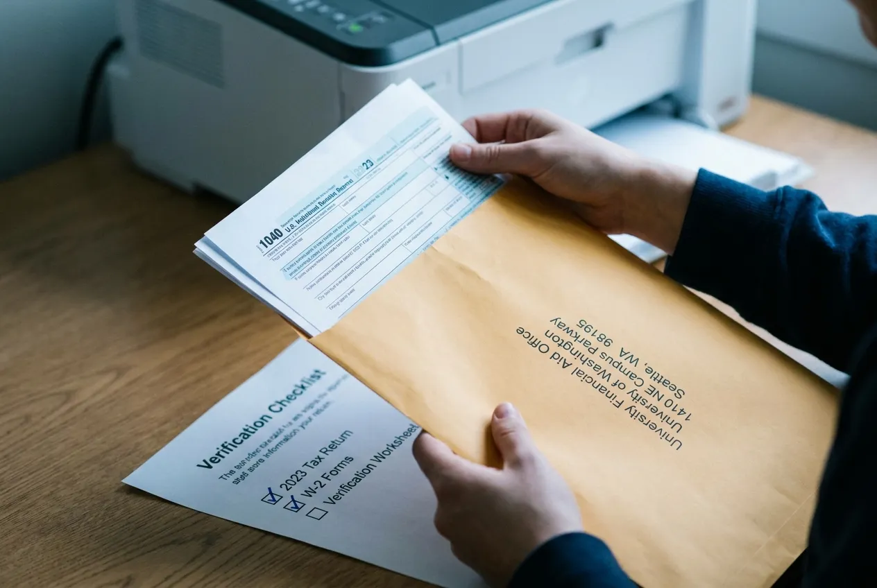 Hands placing a scholarship disclosure letter into an envelope addressed to a university financial aid office, with a stacking-policy checklist underneath