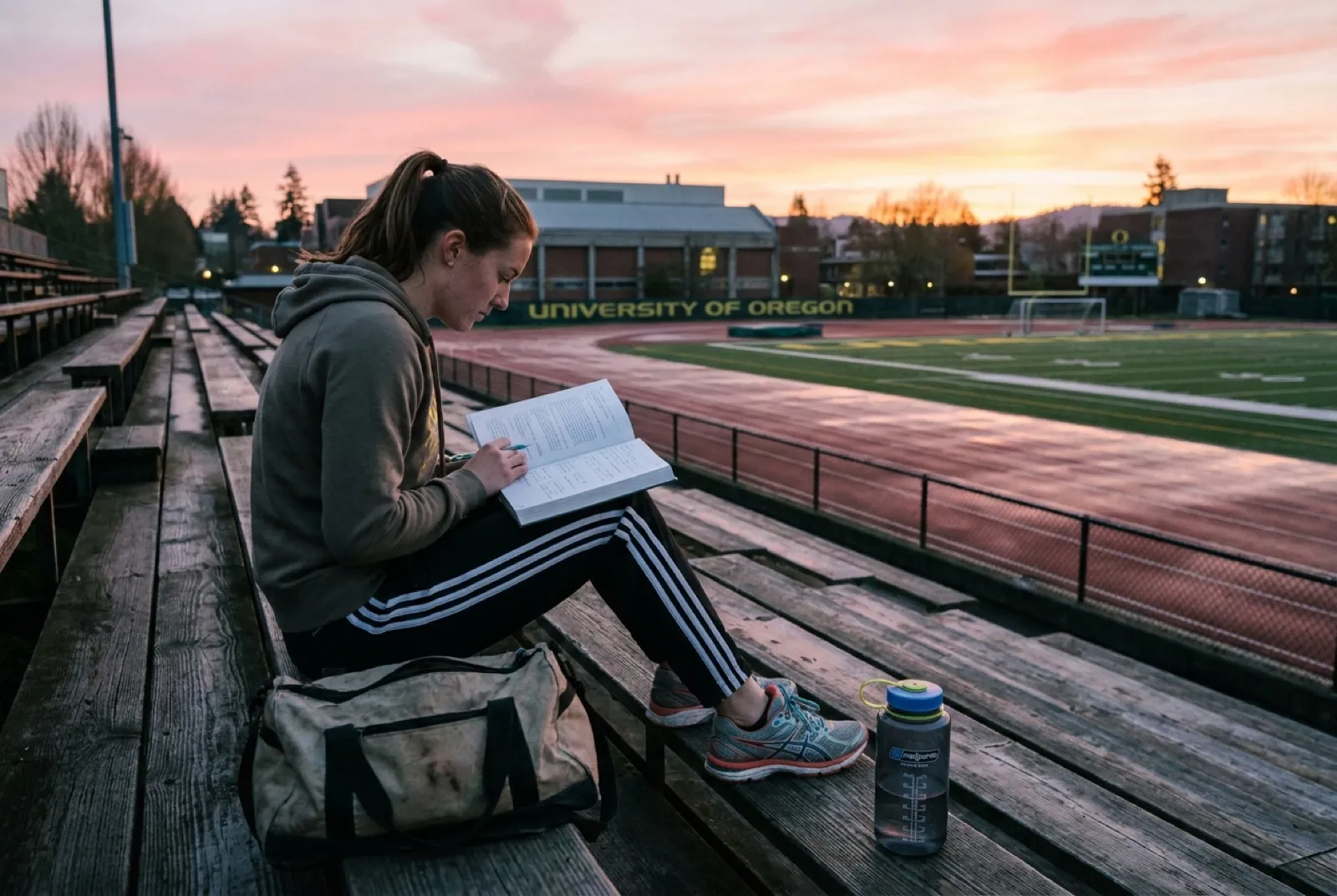 College student-athlete at dawn on a university track, reviewing textbook notes on the bleachers with gym bag at their feet