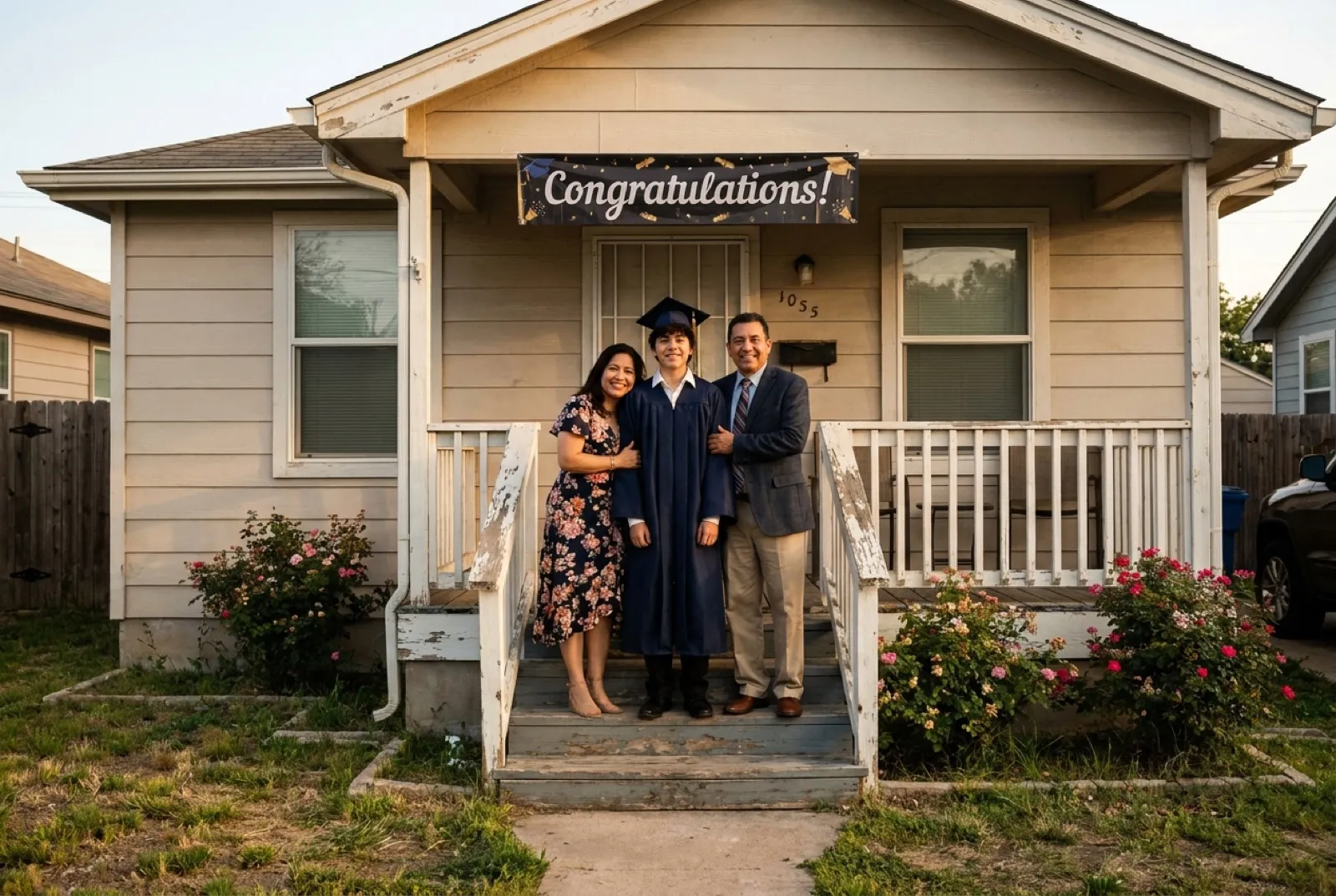 First-generation college graduate in cap and gown standing on the porch of a family home with proud parents on either side