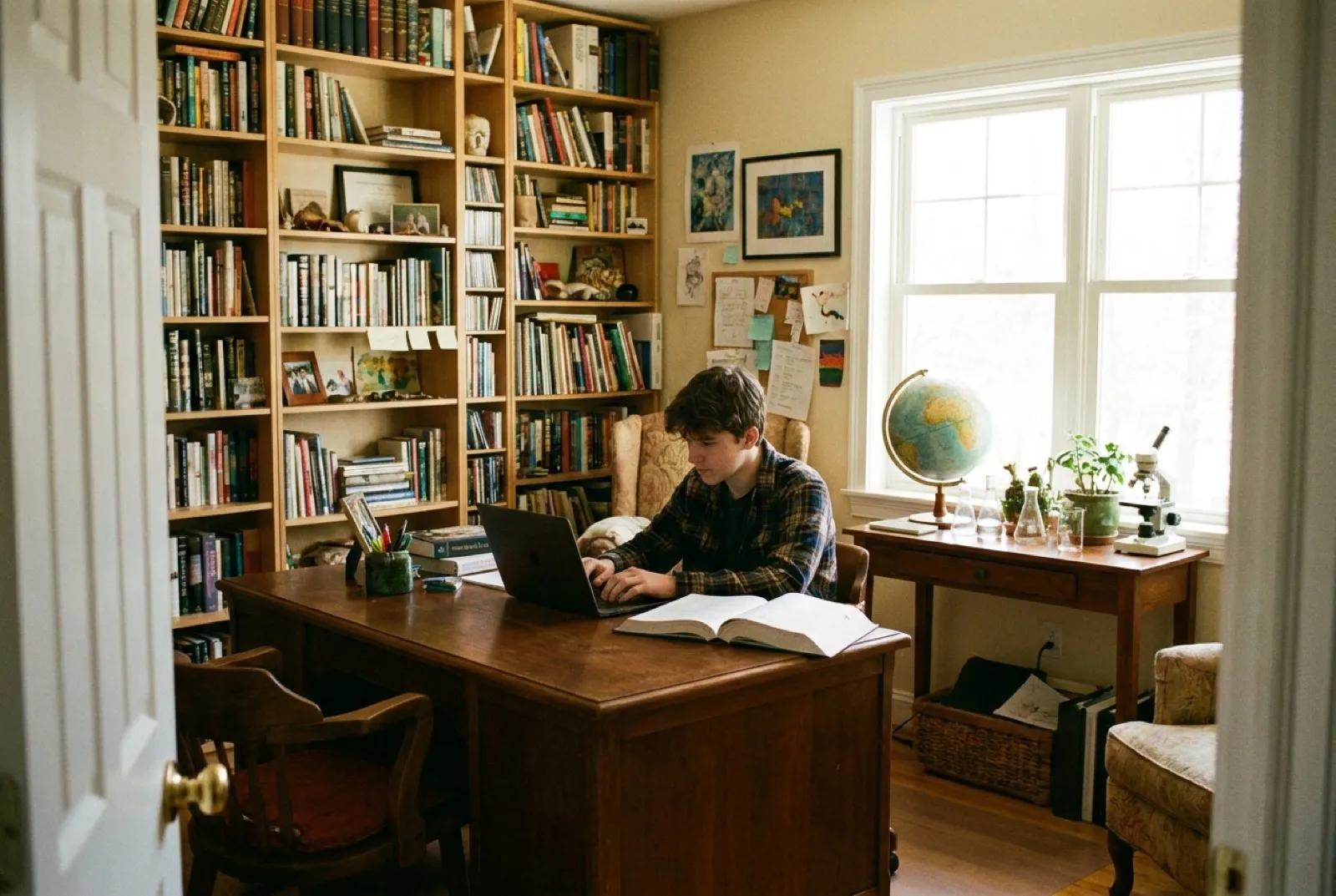 Homeschool teenager working in a bright dedicated study space with floor-to-ceiling bookshelves, a globe, and science materials