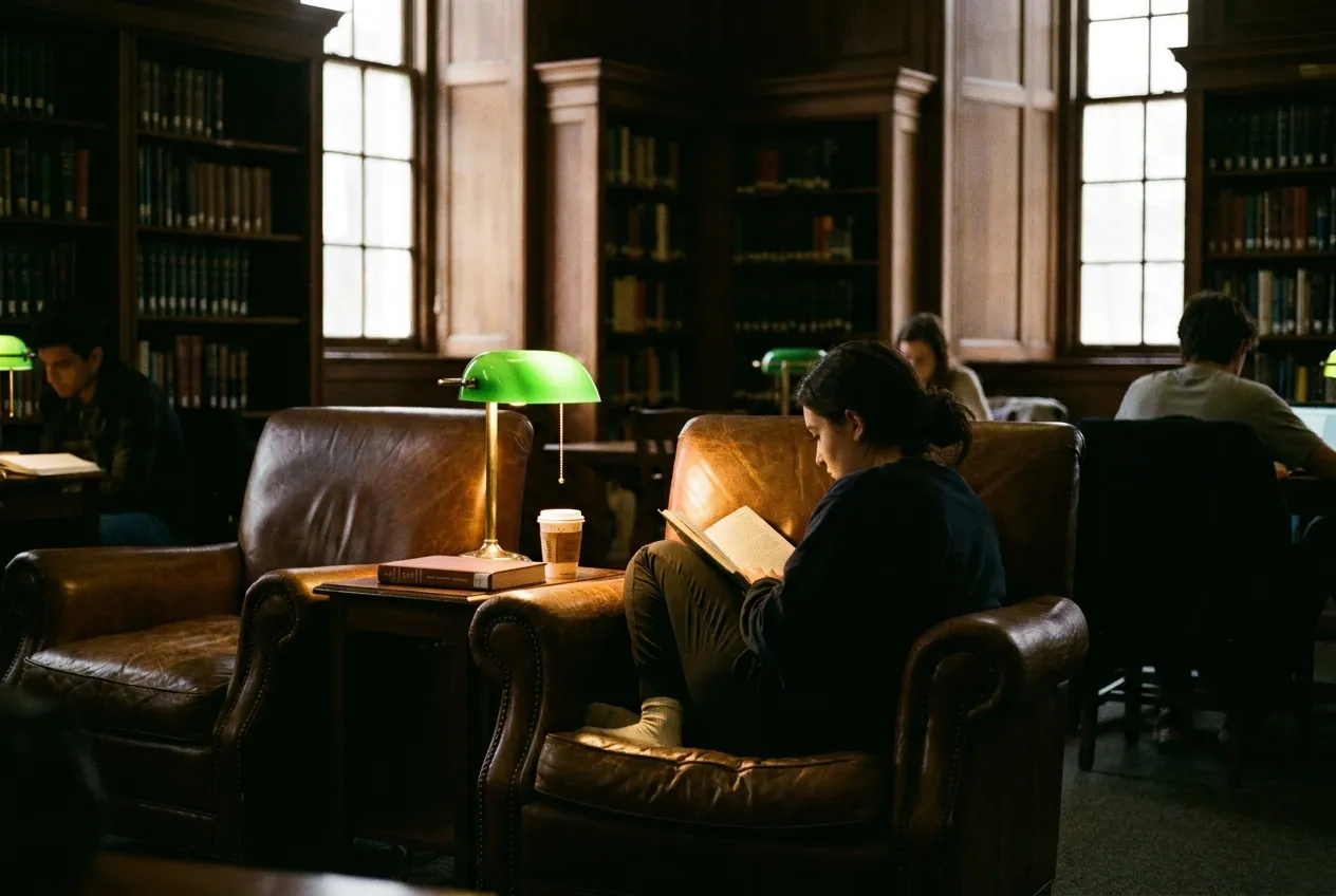 Humanities student curled into a leather armchair in a wood-paneled university reading room with floor-to-ceiling bookshelves