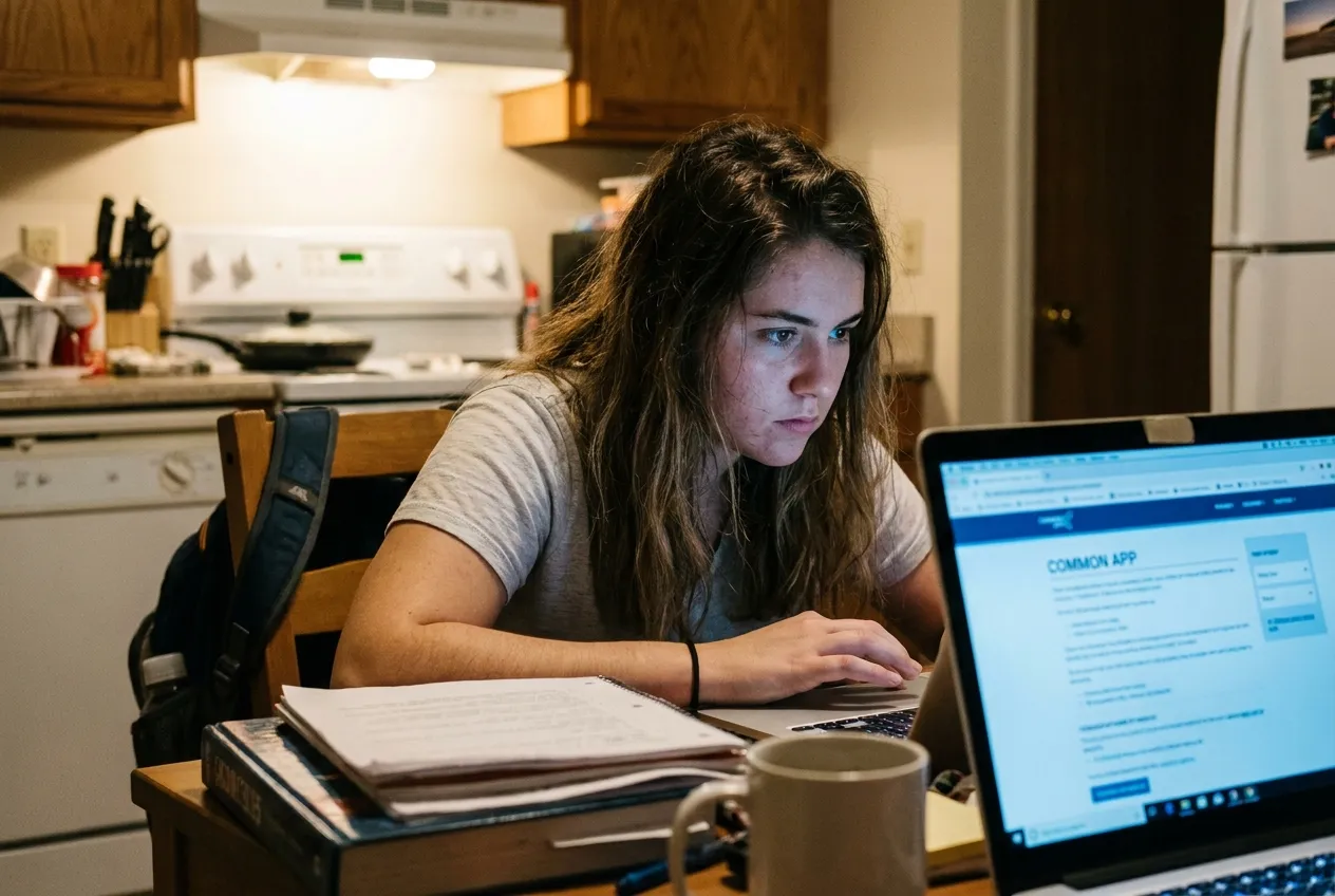 Focused student working intently on a college application at a cramped desk in a small apartment, determined expression