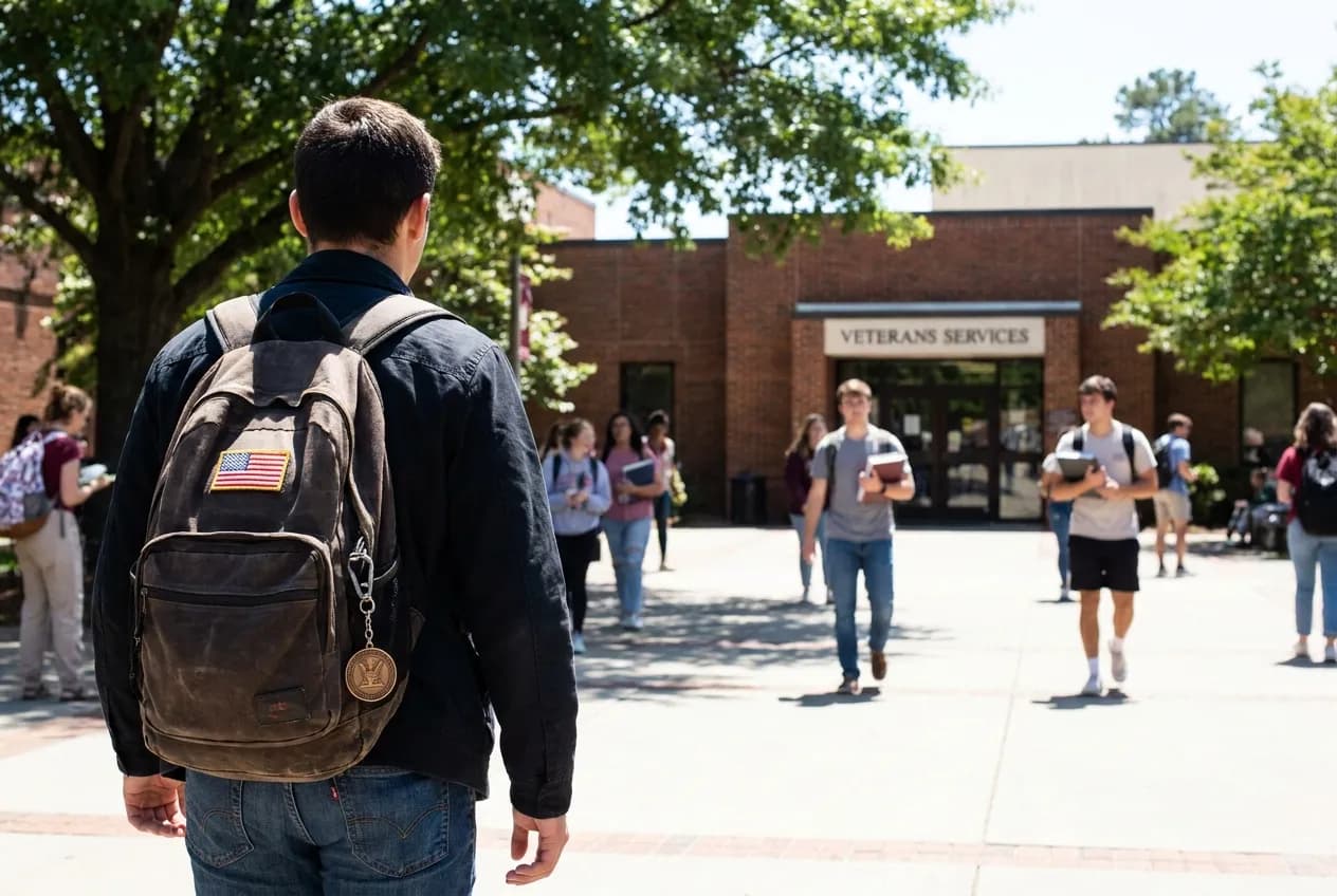 Student with a small American flag patch on their backpack walking toward a campus Veterans Services building